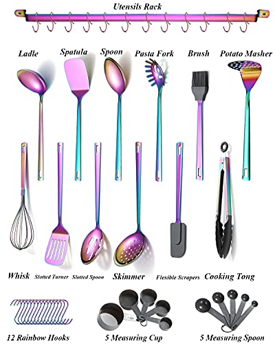 Rainbow Cooking Utensils Set, Kyraton Stainless Steel 37 Pieces Kitchen Utensils Set with Titanium Colorful Plating, Kitchen Tool Gadgets Set with Utensil Rack Heat Resistant Dishwasher Safe