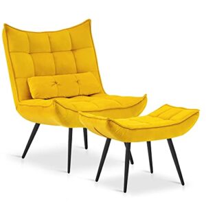 mcombo accent chair with ottoman, velvet modern tufted wingback club chair, upholstered leisure chairs with metal legs for bedroom living room 4079 (yellow)