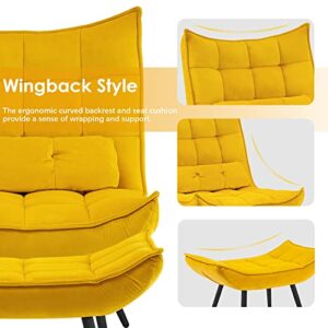 MCombo Accent Chair with Ottoman, Velvet Modern Tufted Wingback Club Chair, Upholstered Leisure Chairs with Metal Legs for Bedroom Living Room 4079 (Yellow)