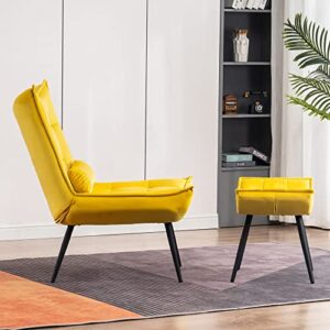 MCombo Accent Chair with Ottoman, Velvet Modern Tufted Wingback Club Chair, Upholstered Leisure Chairs with Metal Legs for Bedroom Living Room 4079 (Yellow)