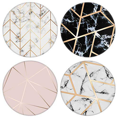 4 Pack Cell Phone Stand，Multi-Function Cellphone Foldable Finger Grip Holder for Smartphone and Tablets - Gold Geometric White Marble Black