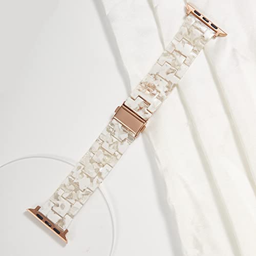 HOPO Compatible With Apple Watch Band Series 8 Series 7 Series SE Series 6 5 4 3 2 1 Thin Light Resin Strap Bracelet With Stainless Steel Buckle Replacement For iWatch (White Flower/Rose Gold,38/40/41mm)