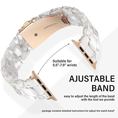 HOPO Compatible With Apple Watch Band Series 8 Series 7 Series SE Series 6 5 4 3 2 1 Thin Light Resin Strap Bracelet With Stainless Steel Buckle Replacement For iWatch (White Flower/Rose Gold,38/40/41mm)