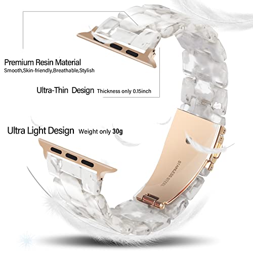 HOPO Compatible With Apple Watch Band Series 8 Series 7 Series SE Series 6 5 4 3 2 1 Thin Light Resin Strap Bracelet With Stainless Steel Buckle Replacement For iWatch (White Flower/Rose Gold,38/40/41mm)