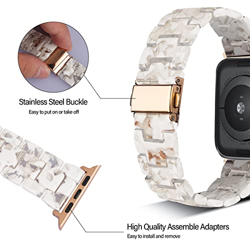HOPO Compatible With Apple Watch Band Series 8 Series 7 Series SE Series 6 5 4 3 2 1 Thin Light Resin Strap Bracelet With Stainless Steel Buckle Replacement For iWatch (White Flower/Rose Gold,38/40/41mm)