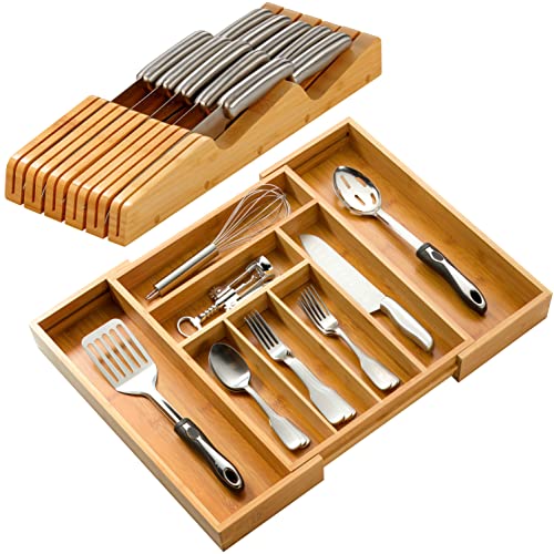 Bamboo In-Drawer Knife Block and Expandable Kitchen Drawer Organize