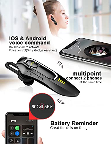 Wireless Bluetooth Earpiece V5.0 for Cell Phone, Powerful Noise Cancelling, Voice Command, Single Ear Bluetooth Headset with Microphone, Handsfree Earpiece for Trucker/Android/iPhone