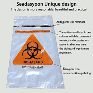 Seadasyoon 100pcs 6x9.8in/15x25cm Specimen Biohazard Bags,Bio hazard Logo Printing, Ziplock Top with Outside Pocket Paperwork Pouch