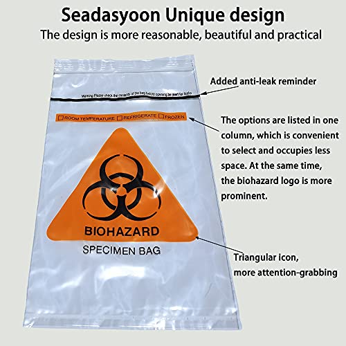 Seadasyoon 100pcs 6x9.8in/15x25cm Specimen Biohazard Bags,Bio hazard Logo Printing, Ziplock Top with Outside Pocket Paperwork Pouch