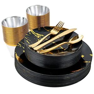 jolly party 180pcs disposable dinnerware set 30 guest, 60 black and gold plastic plates, 30 plastic silverware, 30 plastic cups, marble design disposable plastic dinnerware for wedding and parties