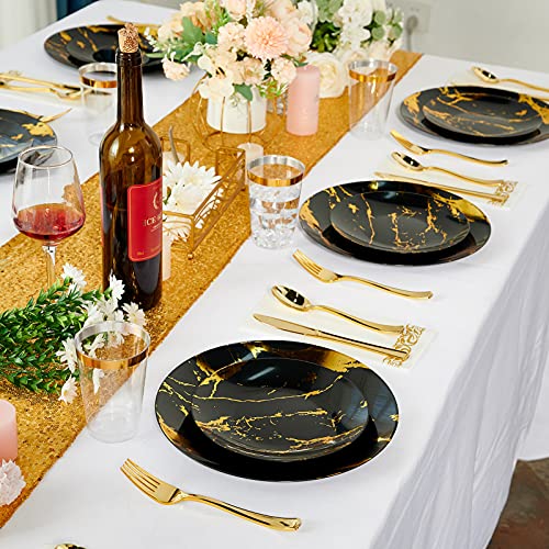 JOLLY PARTY 180PCS Disposable Dinnerware Set 30 Guest, 60 Black and Gold Plastic Plates, 30 Plastic Silverware, 30 Plastic Cups, Marble Design Disposable Plastic Dinnerware for Wedding and Parties