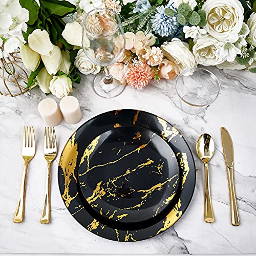 JOLLY PARTY 180PCS Disposable Dinnerware Set 30 Guest, 60 Black and Gold Plastic Plates, 30 Plastic Silverware, 30 Plastic Cups, Marble Design Disposable Plastic Dinnerware for Wedding and Parties