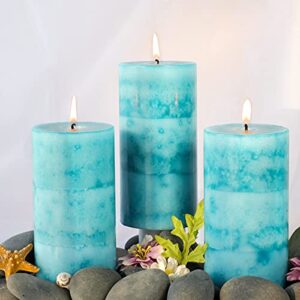 flavcharm pillar candles scented, ocean breeze scented candles, 3 pack teal candles 3x6 inch long-lasting clean burning candles, turquoise candles for home décor, bathroom, wedding decorations