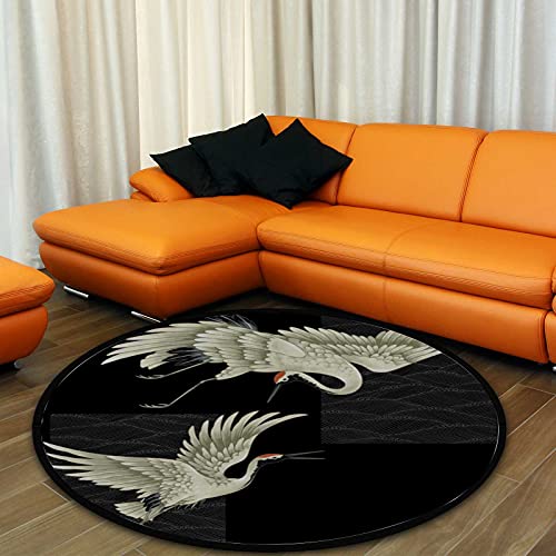 Kuizee Round Area Rug Mat Japanese Crane Black Living Room Bedroom Bathroom Kitchen Home Decor Coral Velvet Non-Slip Round Carpet 36 Inch