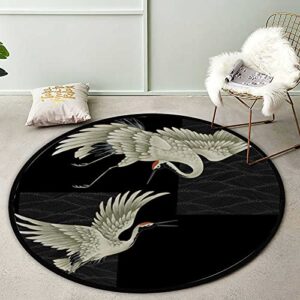 Kuizee Round Area Rug Mat Japanese Crane Black Living Room Bedroom Bathroom Kitchen Home Decor Coral Velvet Non-Slip Round Carpet 36 Inch