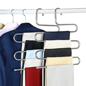 pants hangers，5 layers s-type stainless steel clothes pants hangers, non slip space saving for pants jeans towels scarf tie(3-pack)