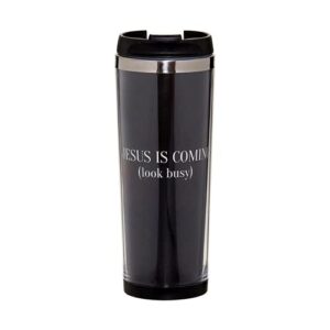 travel coffee tumbler double wall insulation and lockable lid, jesus is coming look busy hot beverage cup, funny drinking cups religious gift idea, 7.75 inches