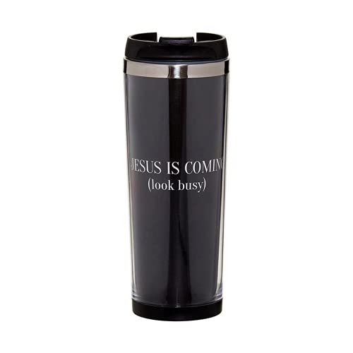 Travel Coffee Tumbler Double Wall Insulation and Lockable Lid, Jesus Is Coming Look Busy Hot Beverage Cup, Funny Drinking Cups Religious Gift Idea, 7.75 Inches