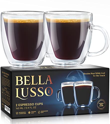 Glass Espresso Cups - Double Wall Insulated Coffee Mugs - Designed in USA - 2 Pack, 5 oz - Set for Cappuccino,Latte,Tea,Shots - Borosilicate Glassware - Dishwasher,Microwave Safe - Premium Gift Box