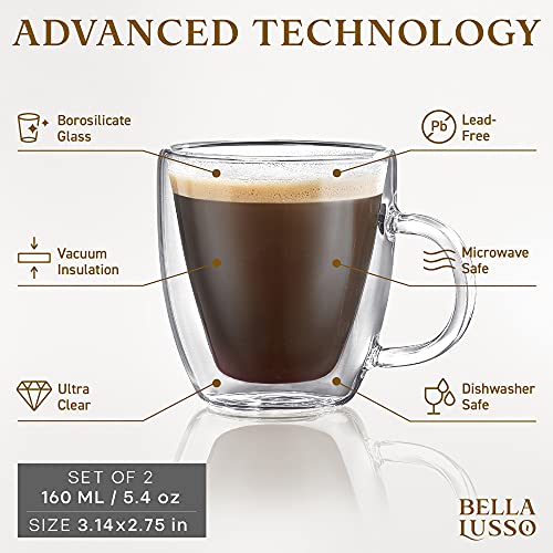 Glass Espresso Cups - Double Wall Insulated Coffee Mugs - Designed in USA - 2 Pack, 5 oz - Set for Cappuccino,Latte,Tea,Shots - Borosilicate Glassware - Dishwasher,Microwave Safe - Premium Gift Box