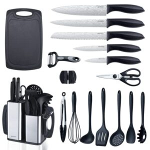 kitchen utensils set, 7 pieces silicone cooking utensils set+5-pieces stainless steel knife set+6-pieces kitchen gadgets(18-in-1)