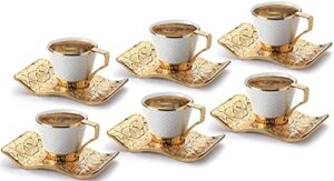 demmex stunning espresso turkish coffee cups with metal holders and saucers set for 6, 2.6 ounces (white - gold)