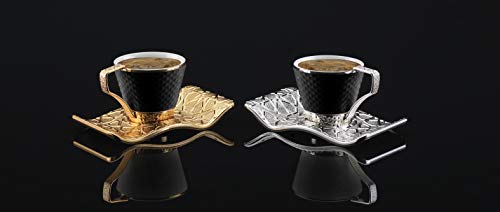 DEMMEX Stunning Espresso Turkish Coffee Cups with Metal Holders and Saucers Set for 6, 2.6 Ounces (White - Gold)