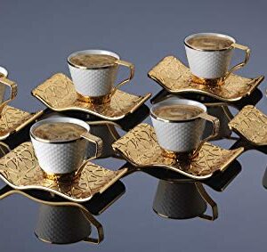 DEMMEX Stunning Espresso Turkish Coffee Cups with Metal Holders and Saucers Set for 6, 2.6 Ounces (White - Gold)