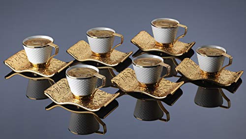 DEMMEX Stunning Espresso Turkish Coffee Cups with Metal Holders and Saucers Set for 6, 2.6 Ounces (White - Gold)