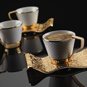 DEMMEX Stunning Espresso Turkish Coffee Cups with Metal Holders and Saucers Set for 6, 2.6 Ounces (White - Gold)