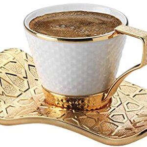 DEMMEX Stunning Espresso Turkish Coffee Cups with Metal Holders and Saucers Set for 6, 2.6 Ounces (White - Gold)