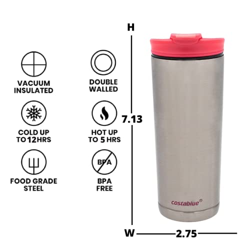 costablue Travel Coffee Mug - 16 Oz. Stainless Steel Insulated Coffee Mug, Leak Proof Tumbler w/Dishwasher Safe Lid, Double Wall Travel Coffee Cup, Reusable Insulated Tumbler for Hot & Cold Beverages