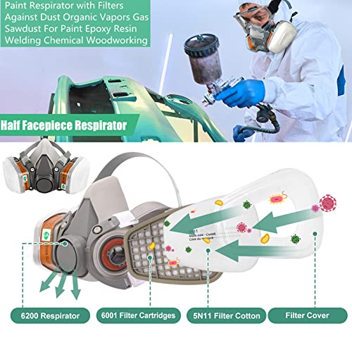 Reusable Respirators Half Facepiece Cover - ANUNU Paint Respirator with Filters Against Dust Organic Vapors Gas Sawdust For Paint Epoxy Resin Welding Chemical Woodworking