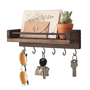 mkono key holder for wall, 9.5" x 3.5" x 2.5" small rustic wood floating shelf with 6 hooks decorative display key hanger for living room, entryway, bedroom, bathroom,office, home decor