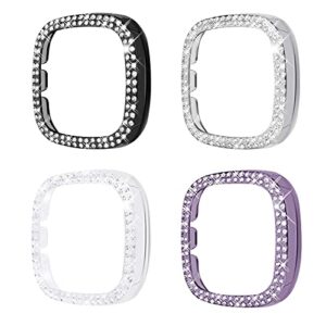 [double diamonds] singear bling protector case compatible for fitbit versa 3/ sense, shiny crystal rhinestone bumper frame for women smart watch (4 pack, clear+black+silver+gun black)