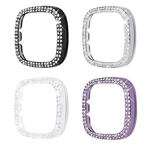 [Double Diamonds] SINGEAR Bling Protector Case Compatible for Fitbit Versa 3/ Sense, Shiny Crystal Rhinestone Bumper Frame for Women Smart Watch (4 Pack, Clear+Black+Silver+Gun Black)