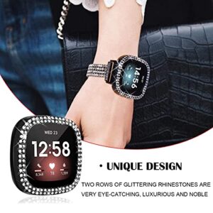 [Double Diamonds] SINGEAR Bling Protector Case Compatible for Fitbit Versa 3/ Sense, Shiny Crystal Rhinestone Bumper Frame for Women Smart Watch (4 Pack, Clear+Black+Silver+Gun Black)