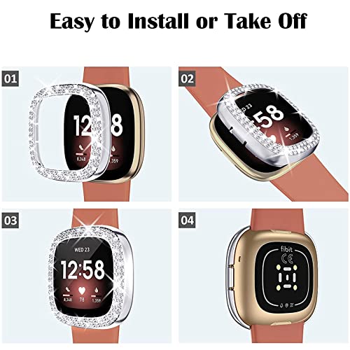 [Double Diamonds] SINGEAR Bling Protector Case Compatible for Fitbit Versa 3/ Sense, Shiny Crystal Rhinestone Bumper Frame for Women Smart Watch (4 Pack, Clear+Black+Silver+Gun Black)