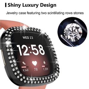 [Double Diamonds] SINGEAR Bling Protector Case Compatible for Fitbit Versa 3/ Sense, Shiny Crystal Rhinestone Bumper Frame for Women Smart Watch (4 Pack, Clear+Black+Silver+Gun Black)