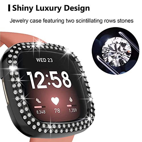 [Double Diamonds] SINGEAR Bling Protector Case Compatible for Fitbit Versa 3/ Sense, Shiny Crystal Rhinestone Bumper Frame for Women Smart Watch (4 Pack, Clear+Black+Silver+Gun Black)