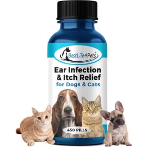 bestlife4pets ear infection relief for dogs and cats - dog ear infection treatment supplement; cat supplements for ear itching, swelling, otitis, pain & inflammation - easy to use pills (450 ct)