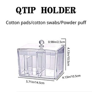 SPINSM Qtip Holder 4 Partitions Square Cotton Ball Holder Clear Acrylic Modern Bathroom Organizer With Lid Jars Storage Canister Jar Bathroom Accessories for Cotton Swabs, Makeup Pads, Cosmetics