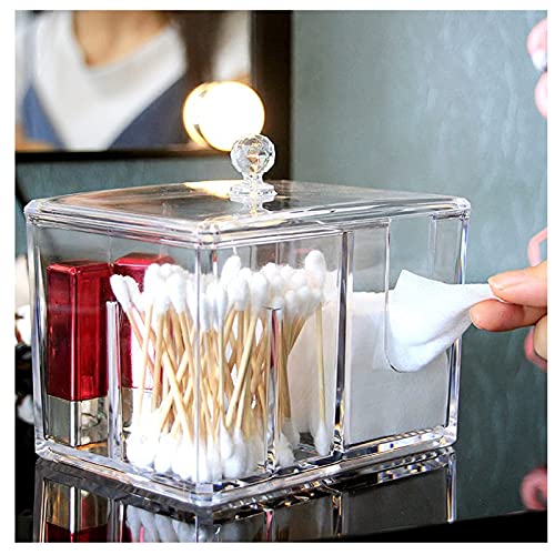 SPINSM Qtip Holder 4 Partitions Square Cotton Ball Holder Clear Acrylic Modern Bathroom Organizer With Lid Jars Storage Canister Jar Bathroom Accessories for Cotton Swabs, Makeup Pads, Cosmetics