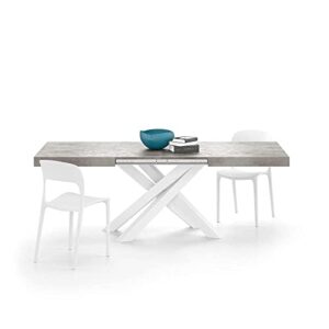 mobili fiver, emma 140 extendable dining table, concrete grey with white crossed legs, made in italy