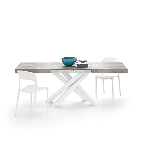 Mobili Fiver, Emma 140 Extendable Dining Table, Concrete Grey with White Crossed Legs, Made in Italy