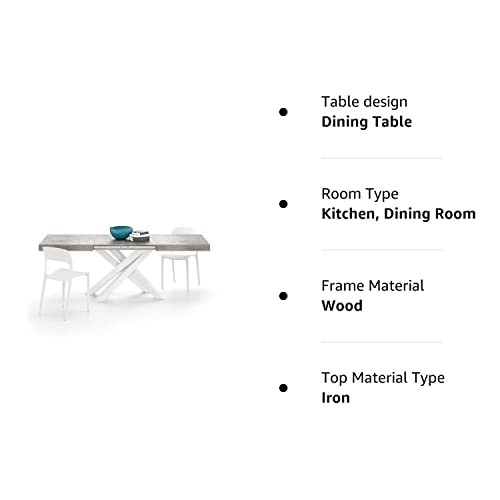 Mobili Fiver, Emma 140 Extendable Dining Table, Concrete Grey with White Crossed Legs, Made in Italy