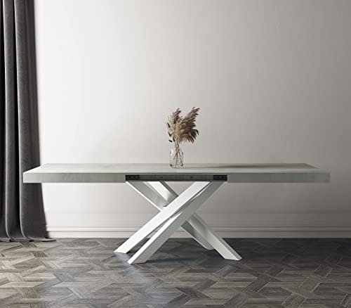 Mobili Fiver, Emma 140 Extendable Dining Table, Concrete Grey with White Crossed Legs, Made in Italy