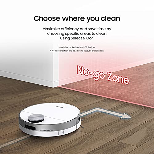 SAMSUNG Jet Bot Robot Cordless Vacuum Cleaner w/Intelligent Power Control, Precise Navigation, Multi Surface Cleaning for Hardwood Floors, Carpets, Rugs, Anti Hair, VR30T80313W/AA, White