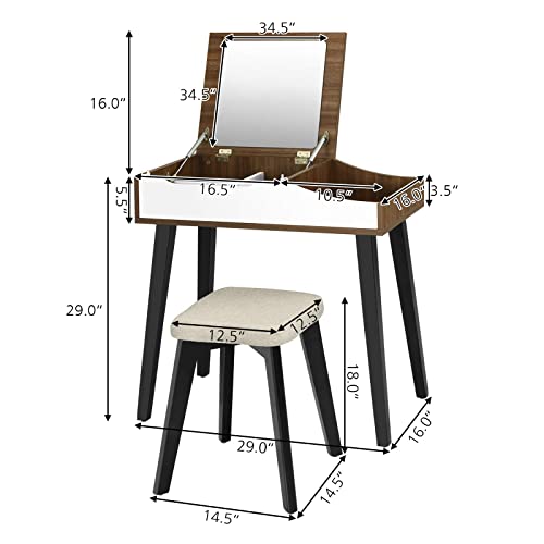 CHARMAID Vanity Set with Flip Top Mirror, Makeup Dressing Table with Large Storage Space and Removable Organizers, Bedroom Vanity Table Writing Desk with Cushioned Stool for Girls and Women