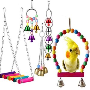 通用 Pet 5 Pack Bird Swing Toys with Colorful Wood Beads Bells and Wooden Hammock Hanging Perch for Budgie Lovebirds Conures Small Parakeet Cages Accessories